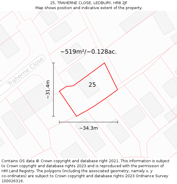 25, TRAHERNE CLOSE, LEDBURY, HR8 2JF: Plot and title map