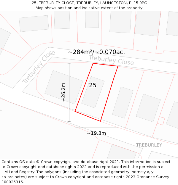 25, TREBURLEY CLOSE, TREBURLEY, LAUNCESTON, PL15 9PG: Plot and title map