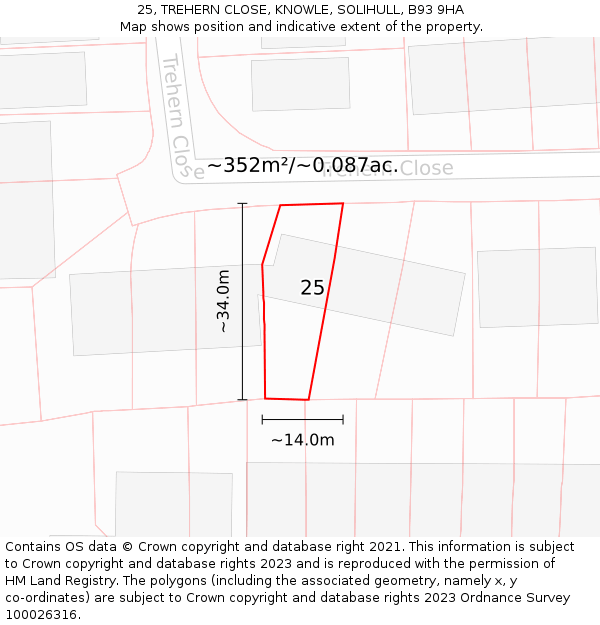 25, TREHERN CLOSE, KNOWLE, SOLIHULL, B93 9HA: Plot and title map