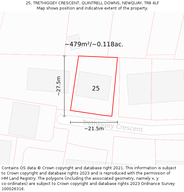 25, TRETHIGGEY CRESCENT, QUINTRELL DOWNS, NEWQUAY, TR8 4LF: Plot and title map