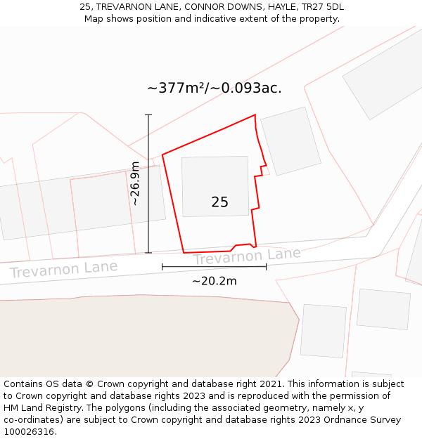 25, TREVARNON LANE, CONNOR DOWNS, HAYLE, TR27 5DL: Plot and title map