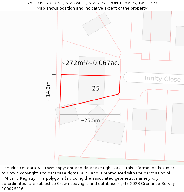 25, TRINITY CLOSE, STANWELL, STAINES-UPON-THAMES, TW19 7PR: Plot and title map