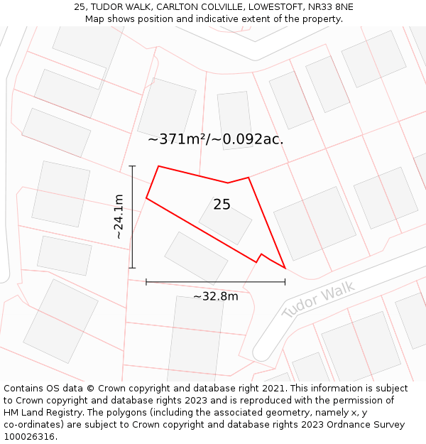 25, TUDOR WALK, CARLTON COLVILLE, LOWESTOFT, NR33 8NE: Plot and title map