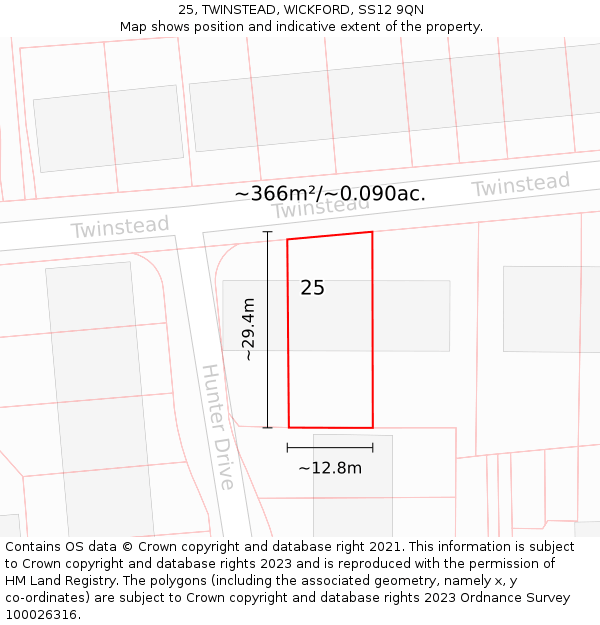 25, TWINSTEAD, WICKFORD, SS12 9QN: Plot and title map