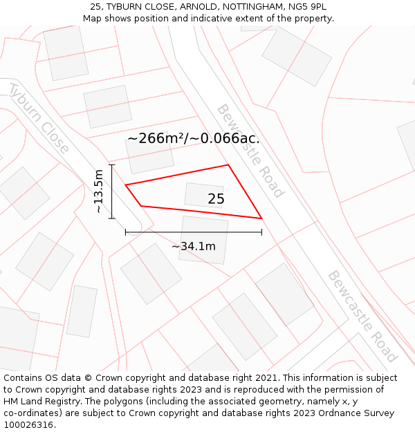 25, TYBURN CLOSE, ARNOLD, NOTTINGHAM, NG5 9PL: Plot and title map