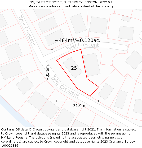 25, TYLER CRESCENT, BUTTERWICK, BOSTON, PE22 0JT: Plot and title map