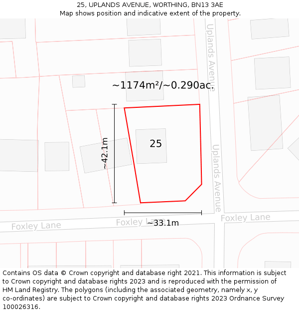 25, UPLANDS AVENUE, WORTHING, BN13 3AE: Plot and title map