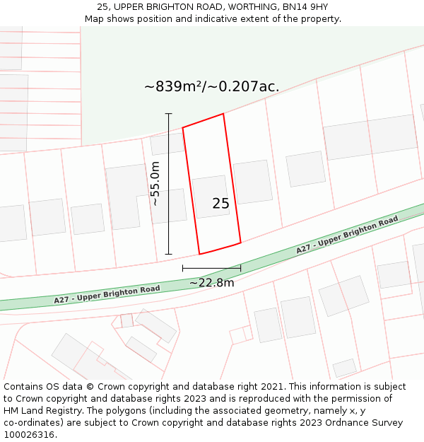 25, UPPER BRIGHTON ROAD, WORTHING, BN14 9HY: Plot and title map