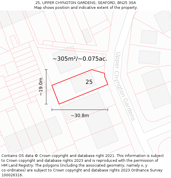 25, UPPER CHYNGTON GARDENS, SEAFORD, BN25 3SA: Plot and title map