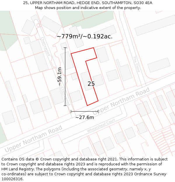 25, UPPER NORTHAM ROAD, HEDGE END, SOUTHAMPTON, SO30 4EA: Plot and title map