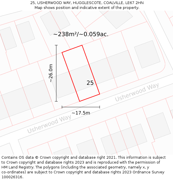 25, USHERWOOD WAY, HUGGLESCOTE, COALVILLE, LE67 2HN: Plot and title map