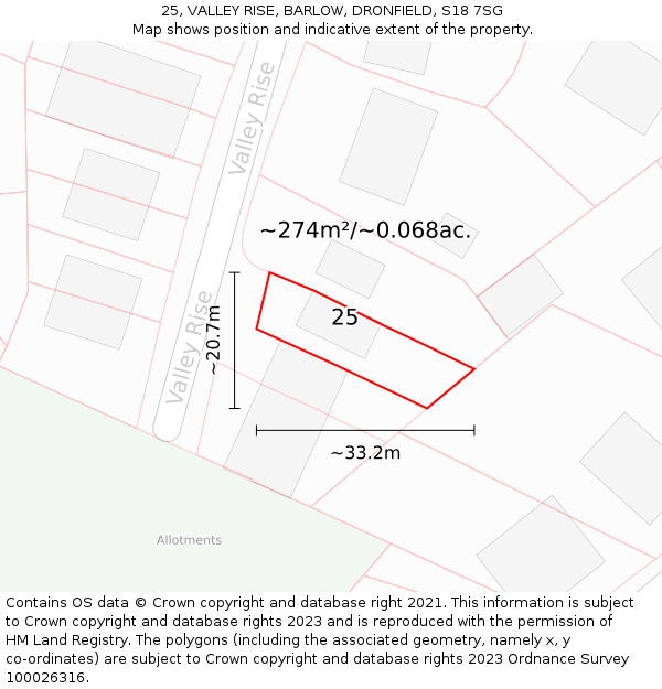 25, VALLEY RISE, BARLOW, DRONFIELD, S18 7SG: Plot and title map