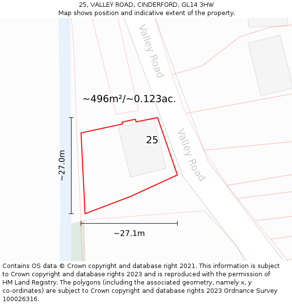 25, VALLEY ROAD, CINDERFORD, GL14 3HW: Plot and title map