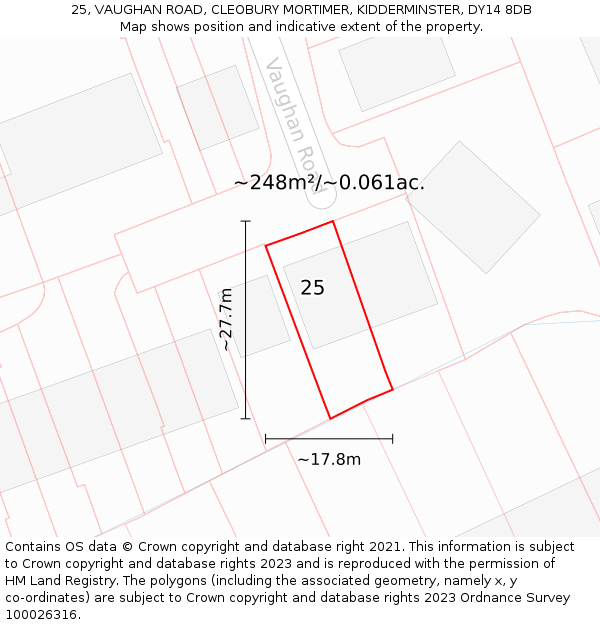 25, VAUGHAN ROAD, CLEOBURY MORTIMER, KIDDERMINSTER, DY14 8DB: Plot and title map