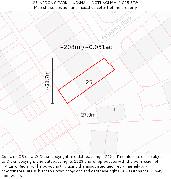 25, VEDONIS PARK, HUCKNALL, NOTTINGHAM, NG15 6EW: Plot and title map