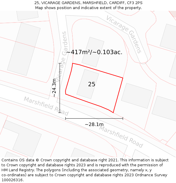 25, VICARAGE GARDENS, MARSHFIELD, CARDIFF, CF3 2PS: Plot and title map