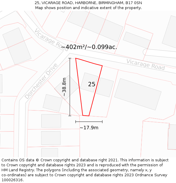 25, VICARAGE ROAD, HARBORNE, BIRMINGHAM, B17 0SN: Plot and title map