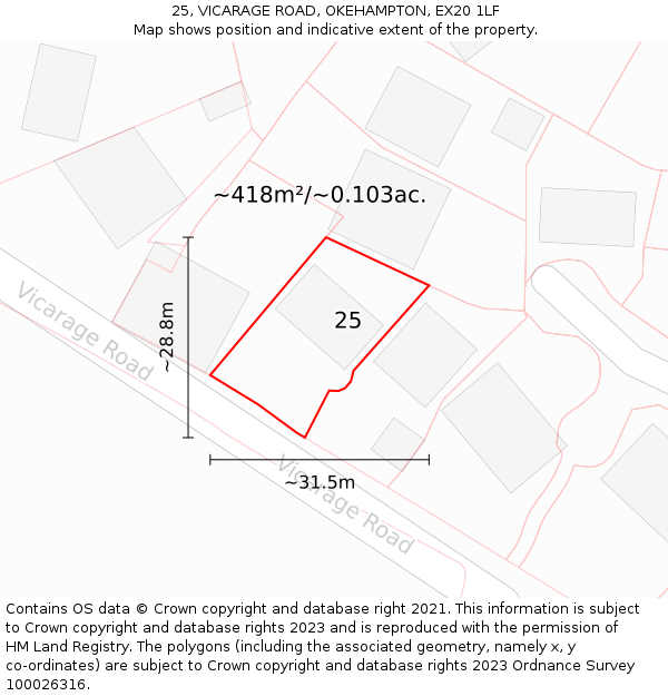 25, VICARAGE ROAD, OKEHAMPTON, EX20 1LF: Plot and title map