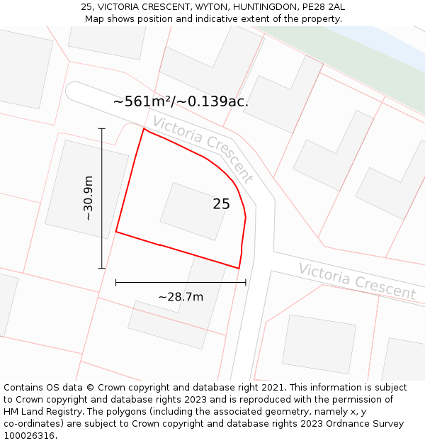 25, VICTORIA CRESCENT, WYTON, HUNTINGDON, PE28 2AL: Plot and title map