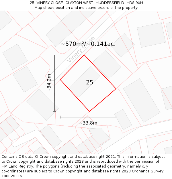 25, VINERY CLOSE, CLAYTON WEST, HUDDERSFIELD, HD8 9XH: Plot and title map