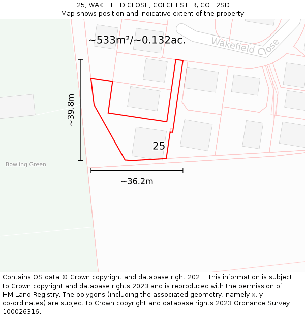 25, WAKEFIELD CLOSE, COLCHESTER, CO1 2SD: Plot and title map