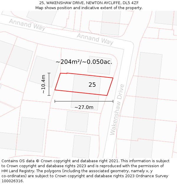 25, WAKENSHAW DRIVE, NEWTON AYCLIFFE, DL5 4ZF: Plot and title map
