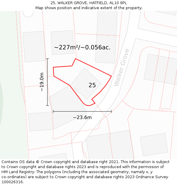 25, WALKER GROVE, HATFIELD, AL10 9PL: Plot and title map