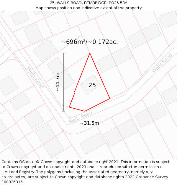 25, WALLS ROAD, BEMBRIDGE, PO35 5RA: Plot and title map