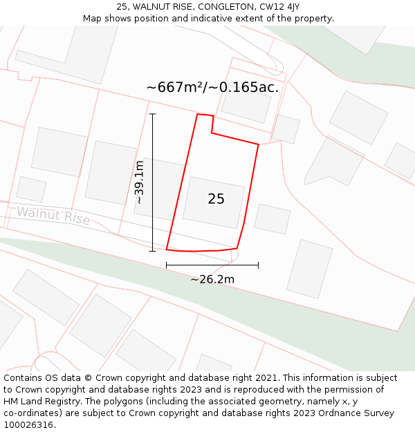 25, WALNUT RISE, CONGLETON, CW12 4JY: Plot and title map