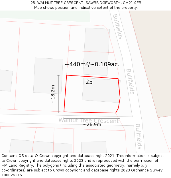 25, WALNUT TREE CRESCENT, SAWBRIDGEWORTH, CM21 9EB: Plot and title map