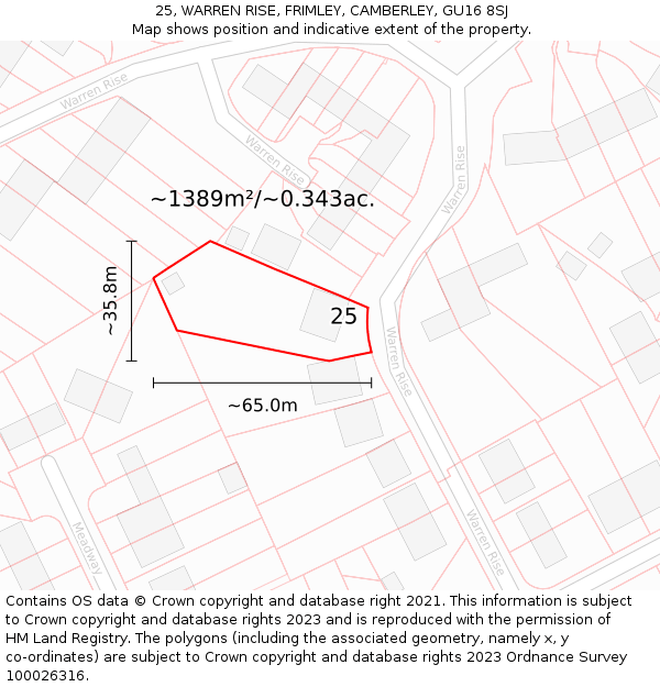 25, WARREN RISE, FRIMLEY, CAMBERLEY, GU16 8SJ: Plot and title map