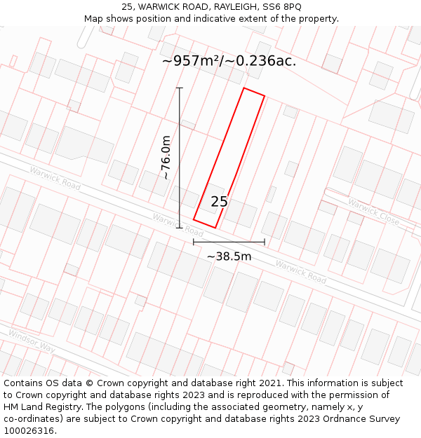 25, WARWICK ROAD, RAYLEIGH, SS6 8PQ: Plot and title map