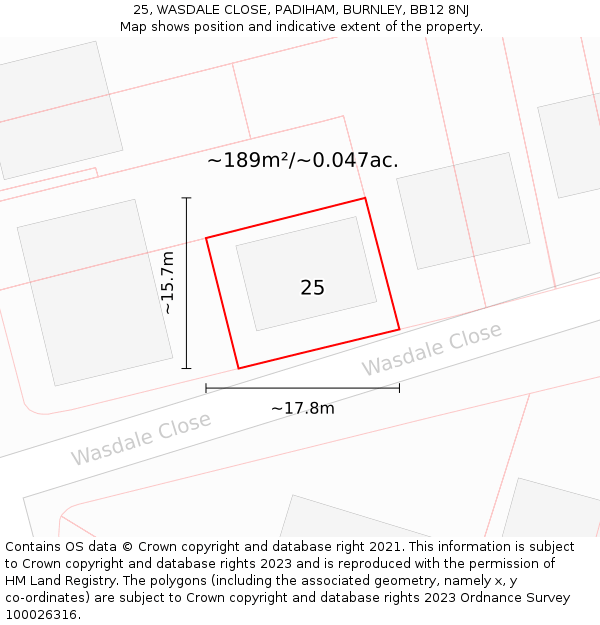 25, WASDALE CLOSE, PADIHAM, BURNLEY, BB12 8NJ: Plot and title map