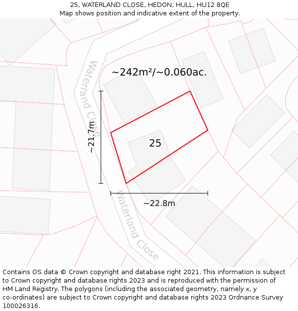 25, WATERLAND CLOSE, HEDON, HULL, HU12 8QE: Plot and title map