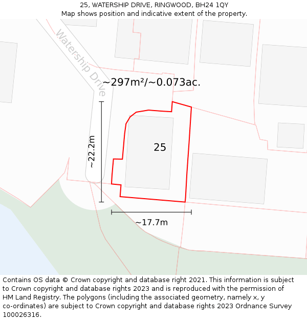 25, WATERSHIP DRIVE, RINGWOOD, BH24 1QY: Plot and title map