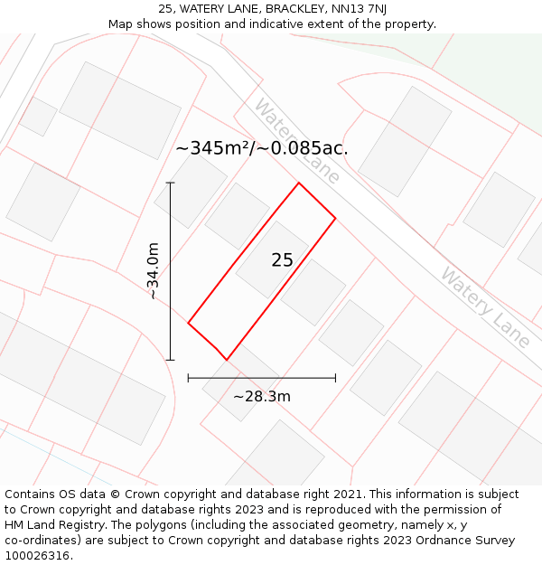 25, WATERY LANE, BRACKLEY, NN13 7NJ: Plot and title map