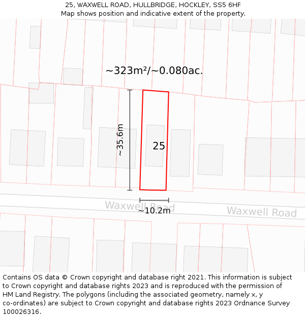 25, WAXWELL ROAD, HULLBRIDGE, HOCKLEY, SS5 6HF: Plot and title map
