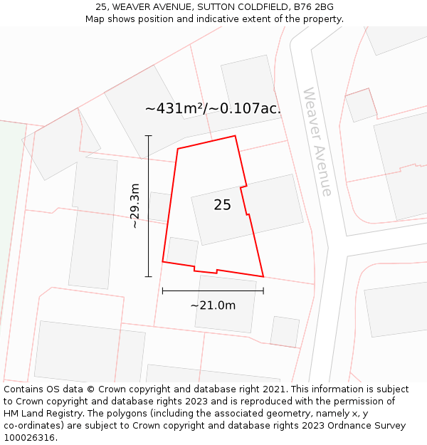 25, WEAVER AVENUE, SUTTON COLDFIELD, B76 2BG: Plot and title map