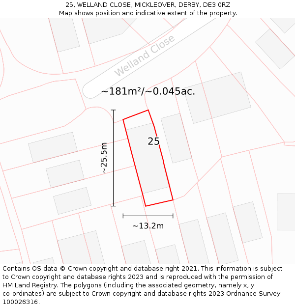 25, WELLAND CLOSE, MICKLEOVER, DERBY, DE3 0RZ: Plot and title map