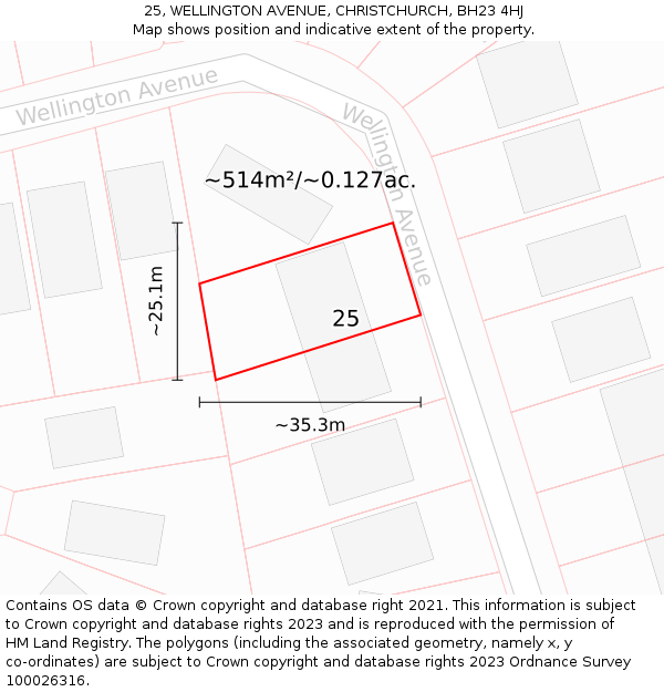 25, WELLINGTON AVENUE, CHRISTCHURCH, BH23 4HJ: Plot and title map