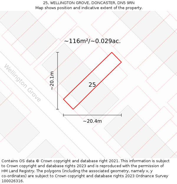 25, WELLINGTON GROVE, DONCASTER, DN5 9RN: Plot and title map