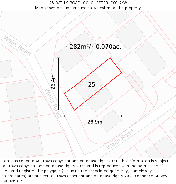 25, WELLS ROAD, COLCHESTER, CO1 2YW: Plot and title map
