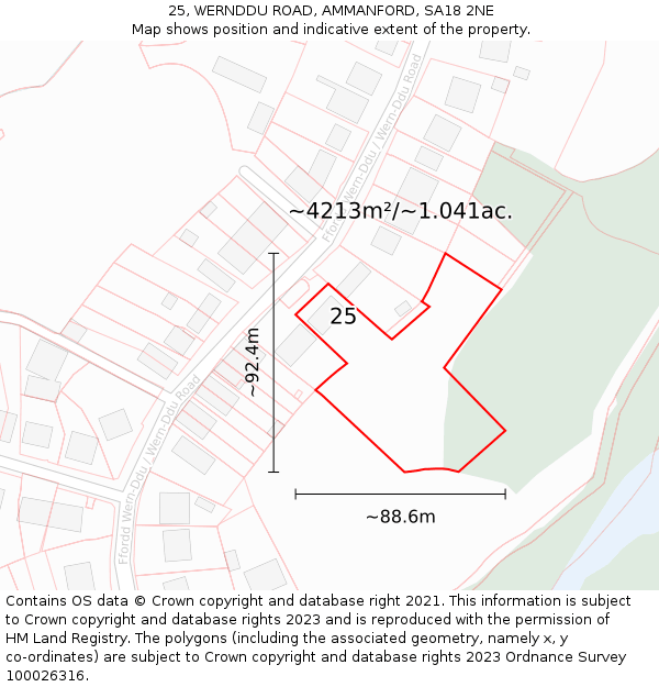 25, WERNDDU ROAD, AMMANFORD, SA18 2NE: Plot and title map