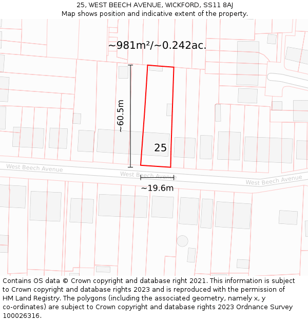 25, WEST BEECH AVENUE, WICKFORD, SS11 8AJ: Plot and title map