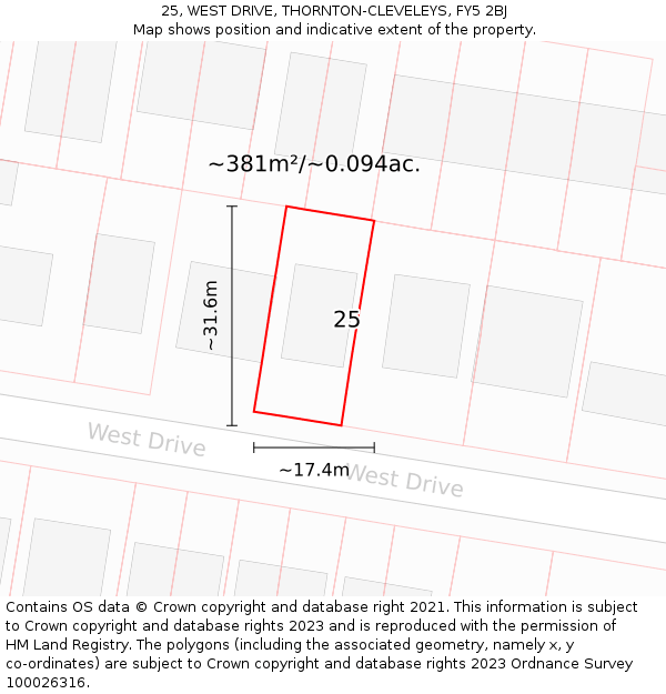 25, WEST DRIVE, THORNTON-CLEVELEYS, FY5 2BJ: Plot and title map