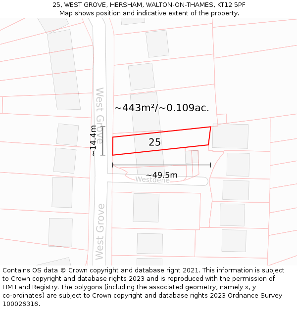 25, WEST GROVE, HERSHAM, WALTON-ON-THAMES, KT12 5PF: Plot and title map