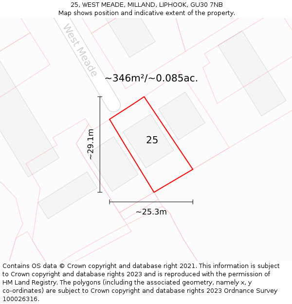 25, WEST MEADE, MILLAND, LIPHOOK, GU30 7NB: Plot and title map