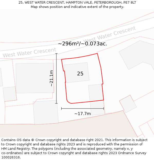 25, WEST WATER CRESCENT, HAMPTON VALE, PETERBOROUGH, PE7 8LT: Plot and title map