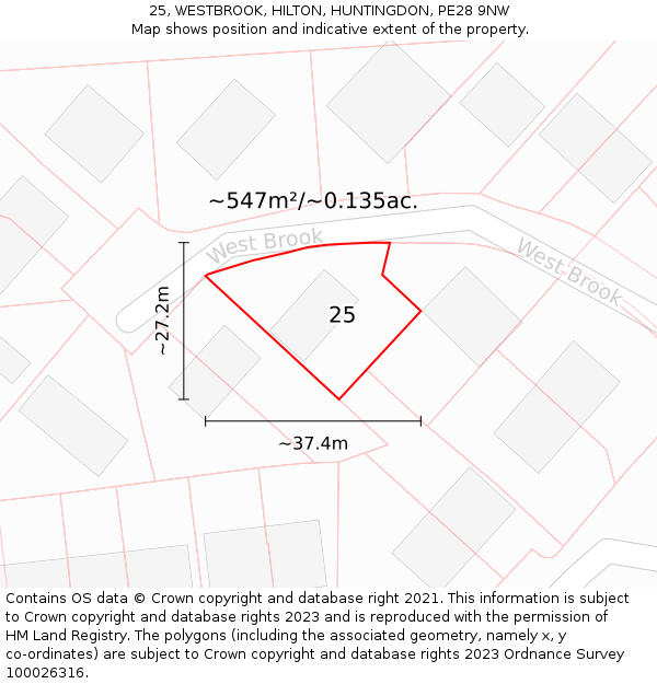 25, WESTBROOK, HILTON, HUNTINGDON, PE28 9NW: Plot and title map