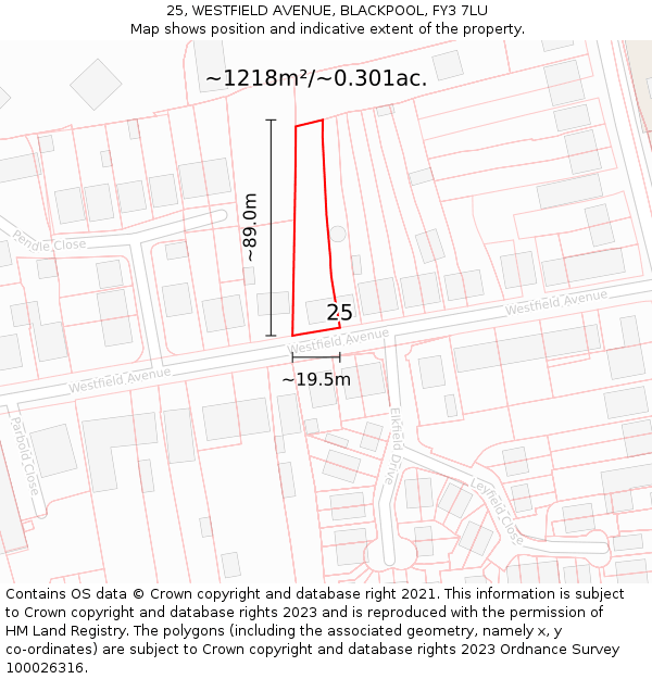25, WESTFIELD AVENUE, BLACKPOOL, FY3 7LU: Plot and title map